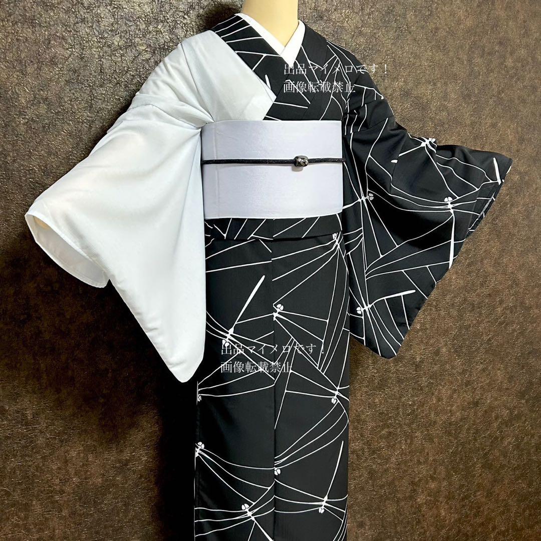 浴衣　夏　単着物　白×黒　吸湿速乾　半身仕立て　片身替わり　帯　0718⑨