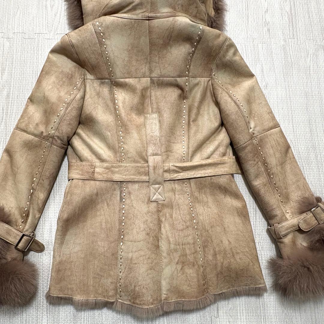 ラビット×フォックス リアルファー毛皮コート 40 ベージュ系 フード ベルト付