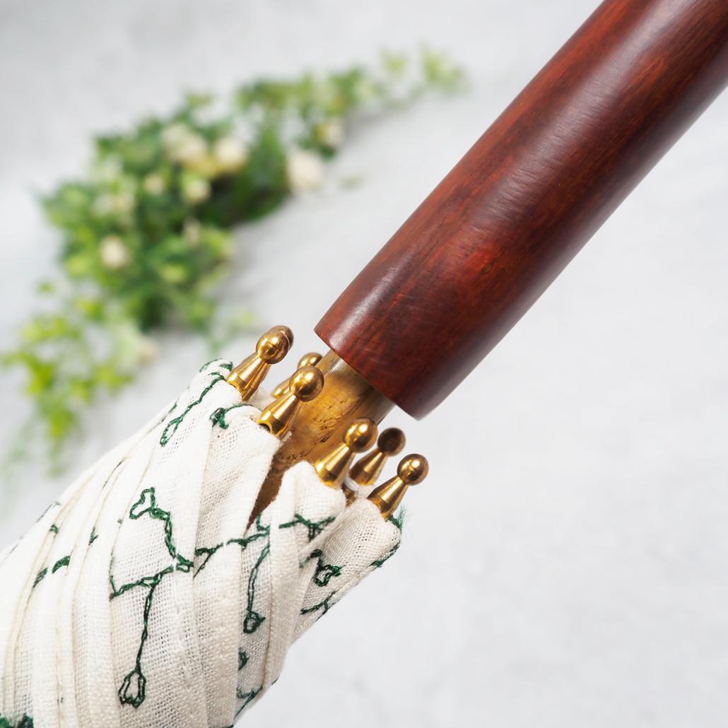 美品 イイダ傘店 日傘 ぺんぺん草 綿麻 刺繍 総柄 UVカット加工 45cm