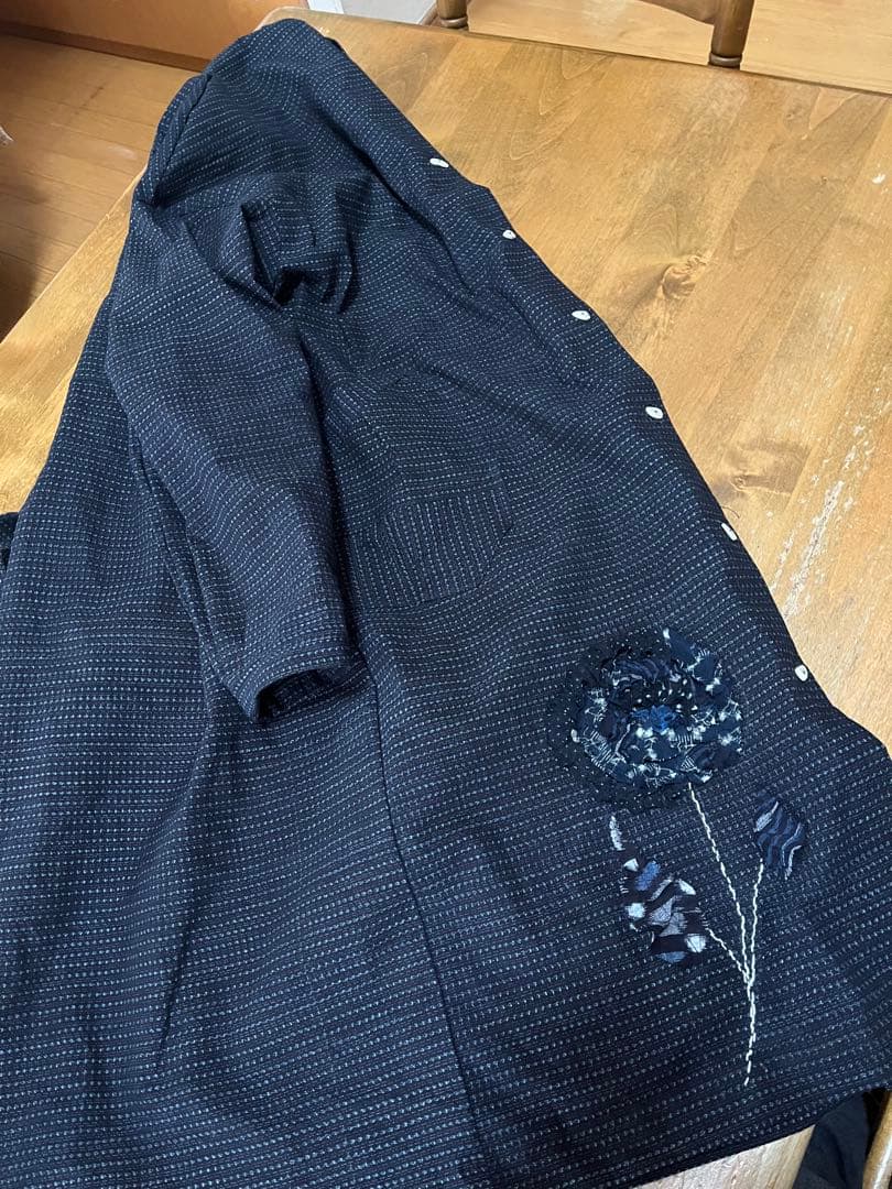 着物リメイク　久留米絣反物　ワンピース　チュニック　コート　花飾り　ハンドメイド