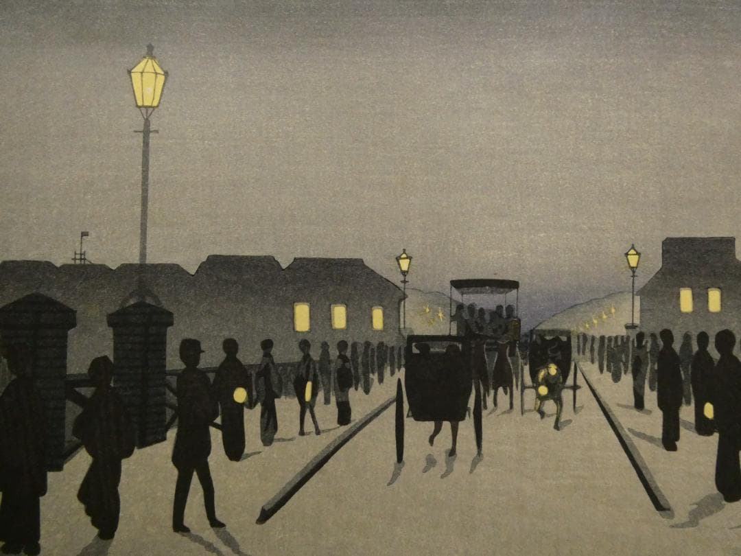 小林清親　光線画　手摺木版画　代表作 「日本橋夜」　浮世絵と西洋画の融合