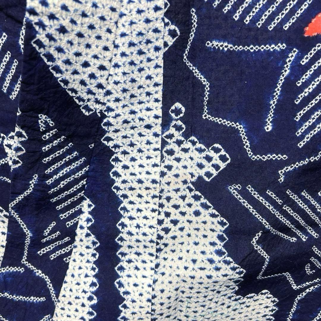浴衣　有松鳴海絞り　流線　蝶　花　ネイビー系　着物　054w d