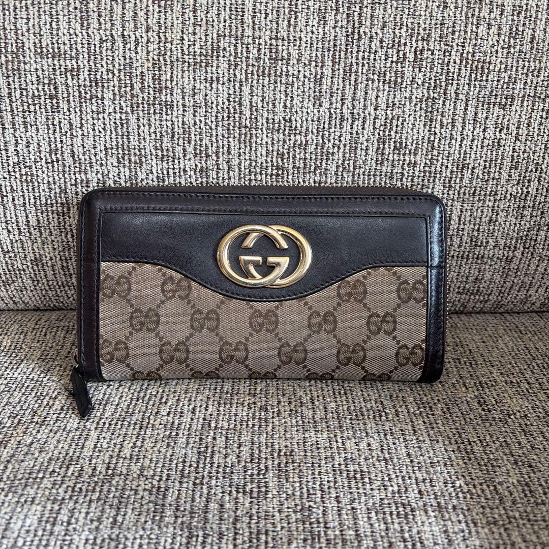 GUCCI インターロッキング　GG柄　キャンバス　長財布 ブラウン