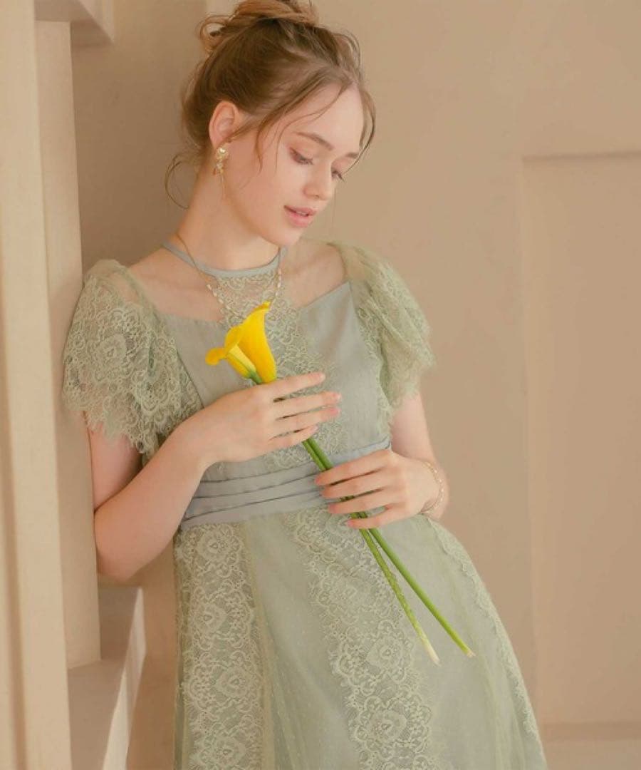 特別価格　ドットチュール×レースドレス　グリーン　穴開きあり