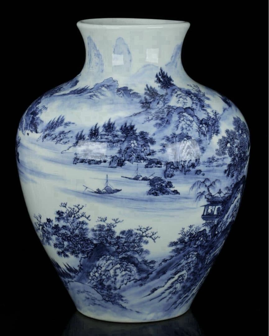 【猿川谷 山徳窯】有田焼 染付 山水図大花瓶 高さ57cm 超絶技巧 細密絵付