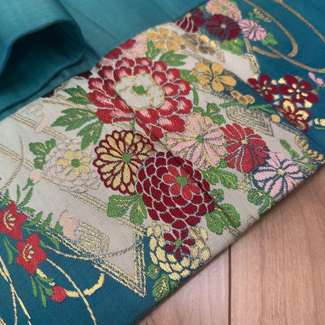 超美品　正絹　着物 和服　名古屋帯　333 納戸色　青緑　アンティーク　金