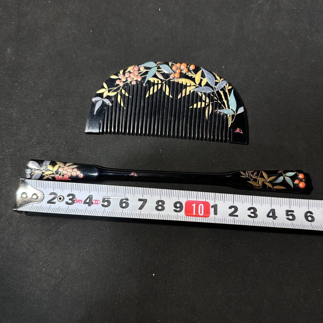 大正アンティーク　鼈甲　櫛笄　黒漆螺鈿細工　金細工髪飾り