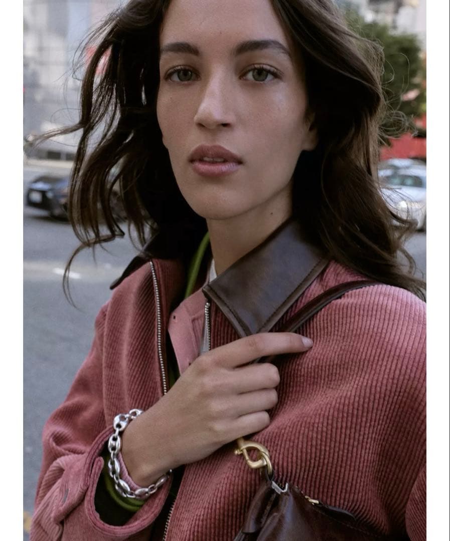 タグ付き新品★ZARAのコーデュロイフェイクレザー襟ジャケット★S★マルサラ色