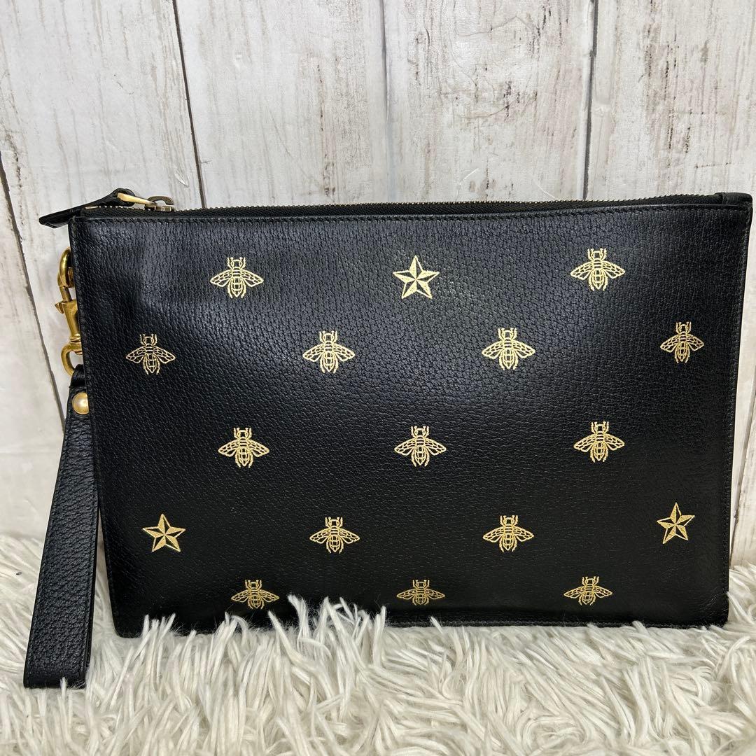 GUCCI セカンドバッグ　クラッチバッグ　ビー　ハチ　ロゴ　レザー　ブラック