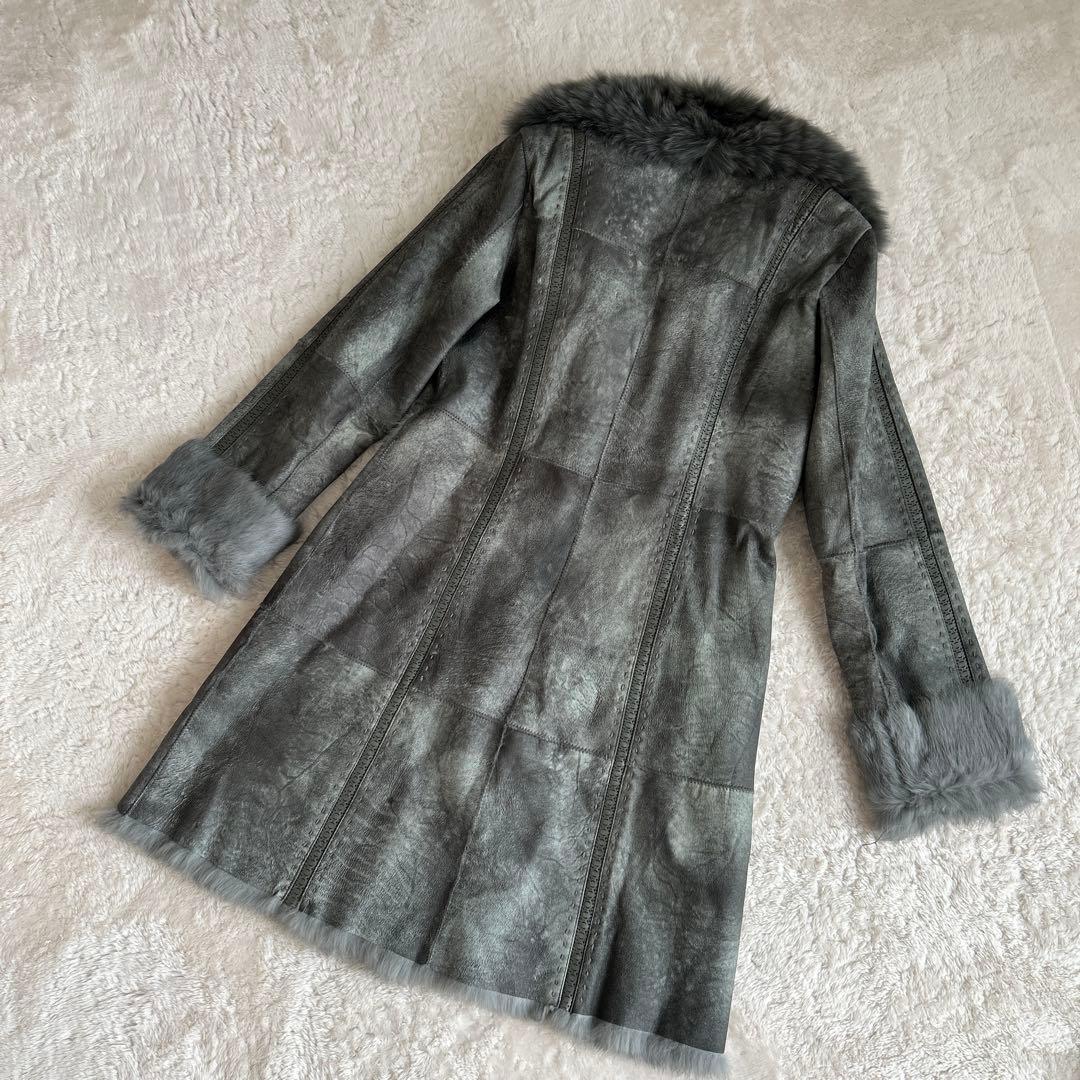 サンローズ　ラビットムートン×ブルーフォックスロングファーコート　毛皮L