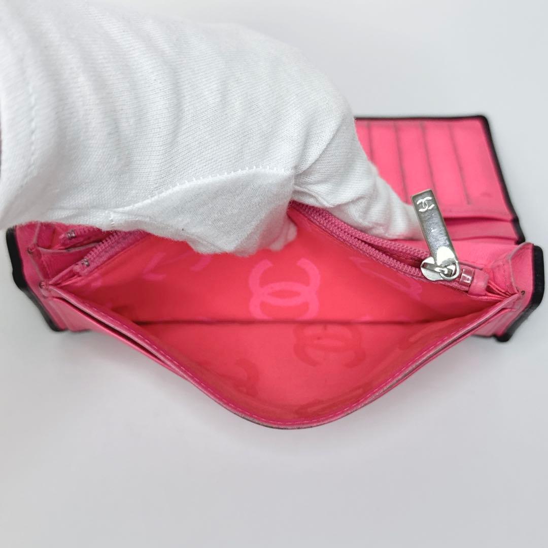 【人気商品】シャネル カンボンライン ココマーク 黒×ピンク 2つ折 長財布