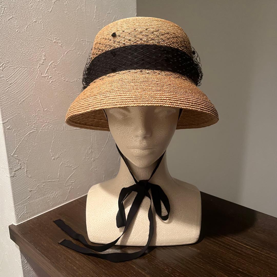 【美品】CA4LA Atelier Made 麦わら帽子 ベール付き リボン 黒