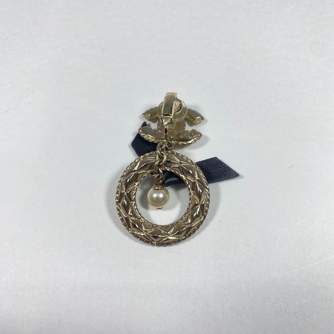 美品 CHANEL シャネル レザー リボン パール ゴールド イヤリング 片耳