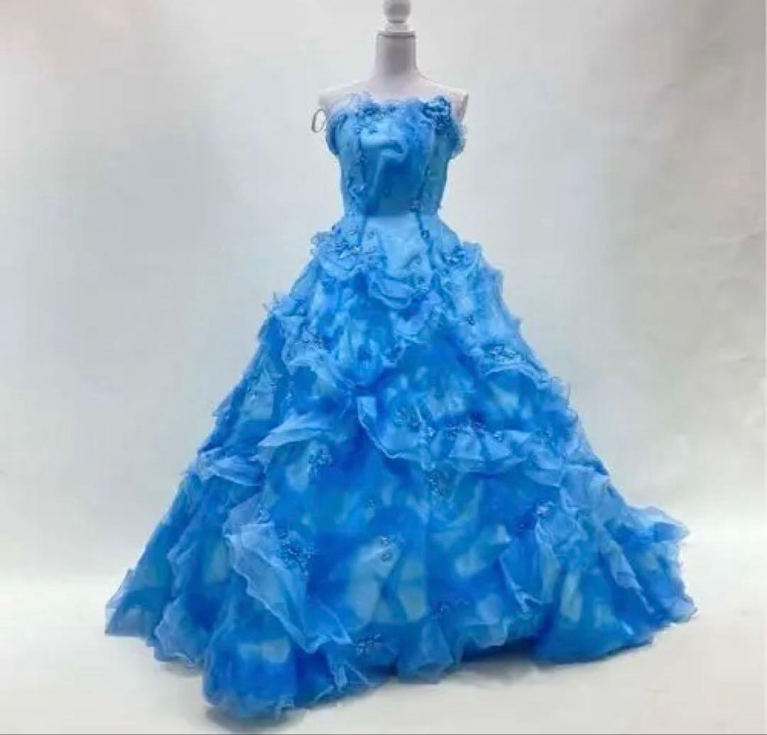 カラードレス水色ブルー　レースアップ9号　Aライン　used