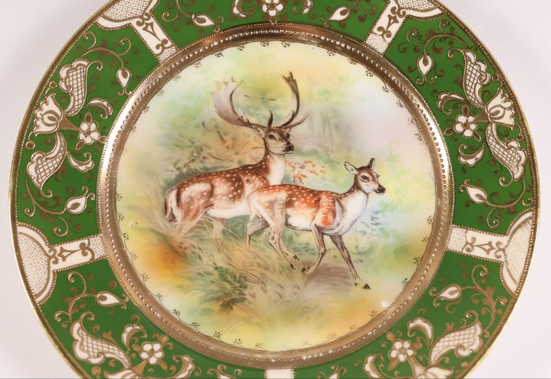 【CM298】オールドノリタケ 鹿 皿 プレート 金彩 盛上 緑 グリーン 明治