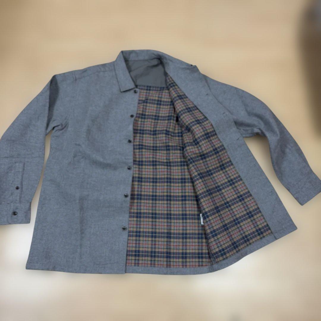 【ヒロ美品】Papas高級綿シャツジャケットMグレー裏チェック柄
