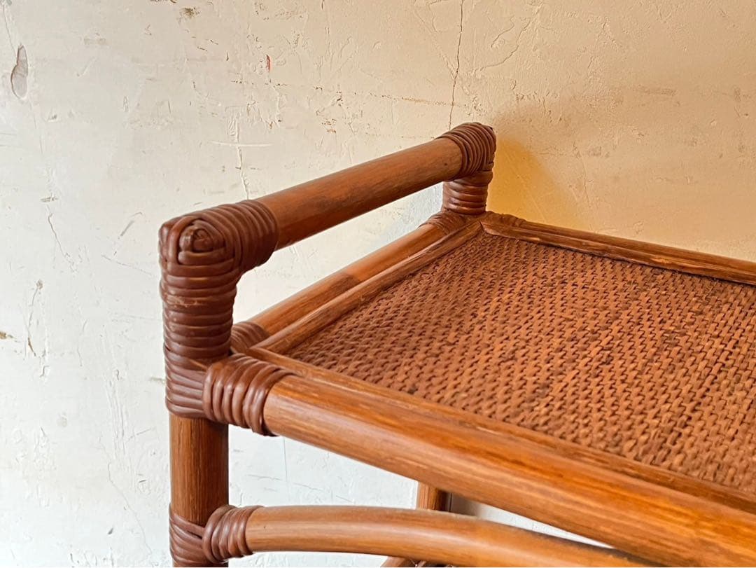 ラタン キッチンワゴン 藤 ワゴン 棚 インテリア 昭和レトロ 当時物 トレイ