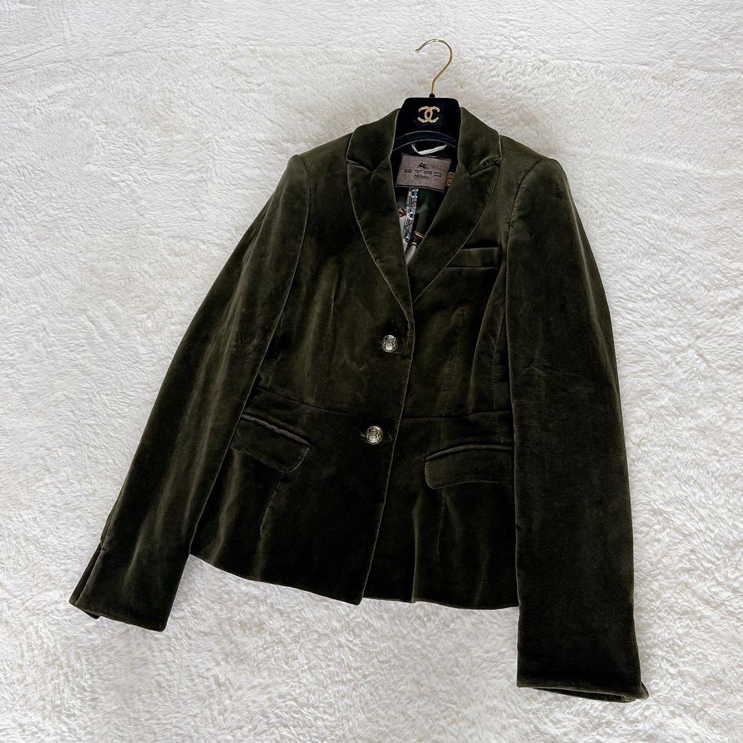 希少✨【エトロ】ベロア テーラードジャケット ダークグリーン 裏地総柄 42