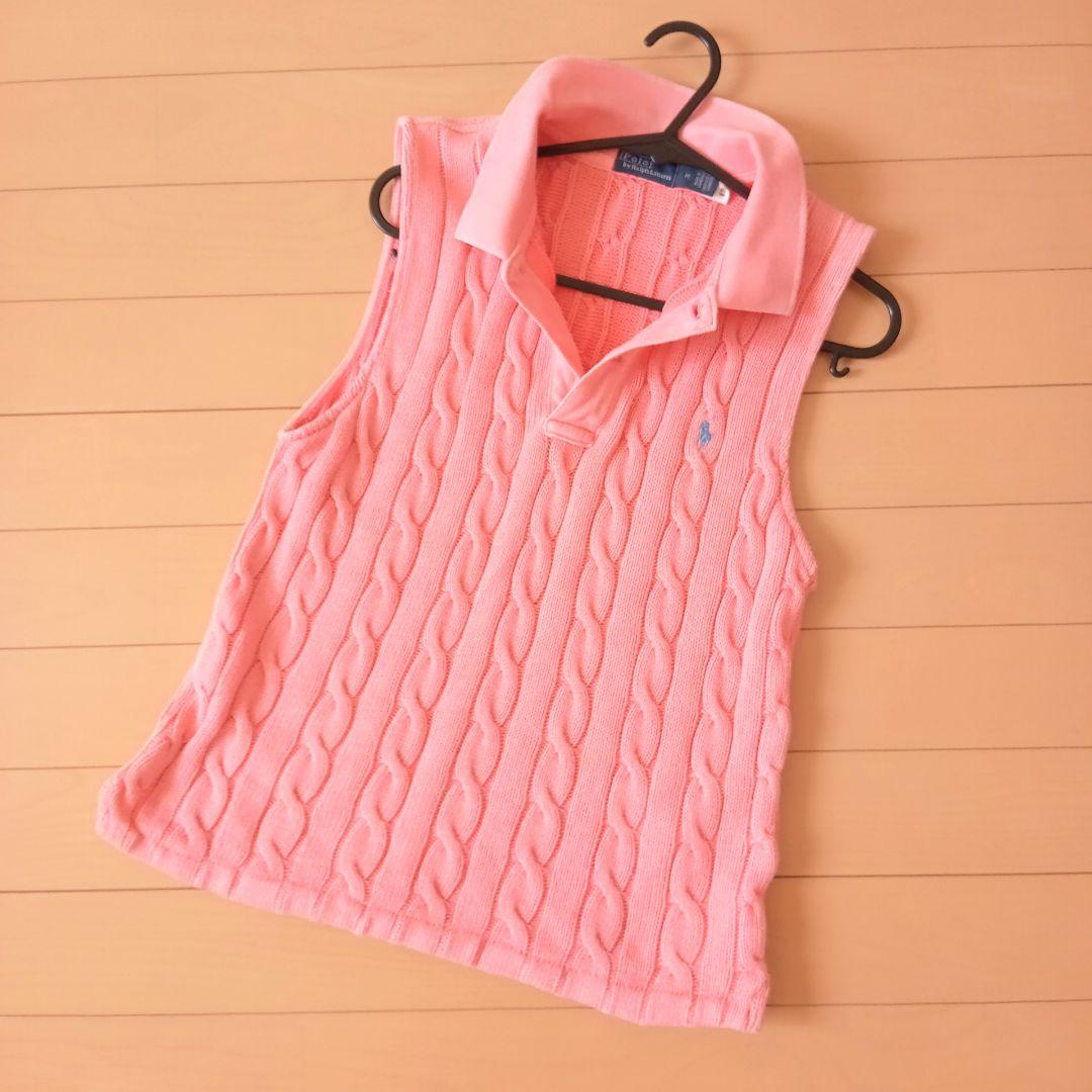 【即発送】ラルフローレン ノースリーブ ポロシャツ ニット ケーブル編み ピンク