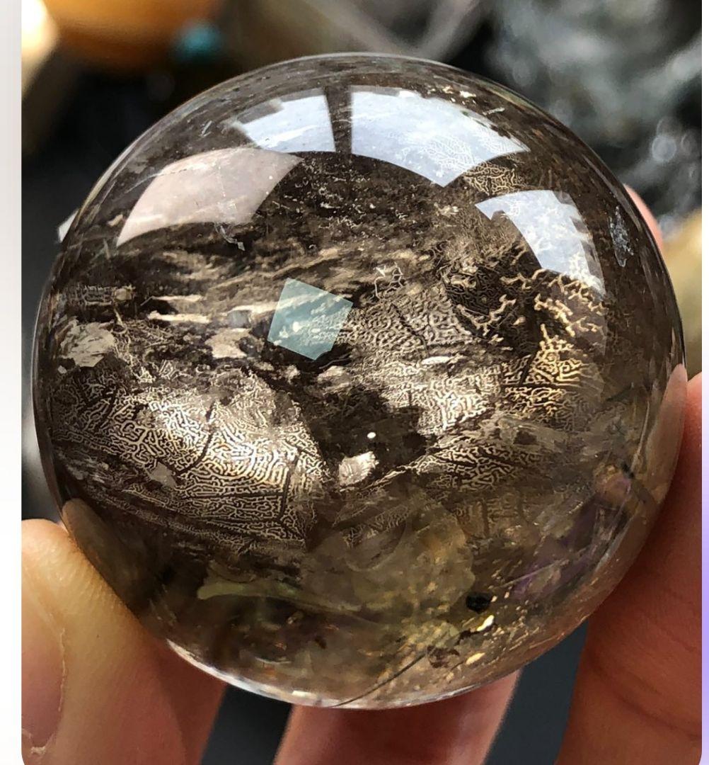 ハマノ☆スモーキークォーツ☆スフィア☆符文字入り☆希少☆台座つき☆