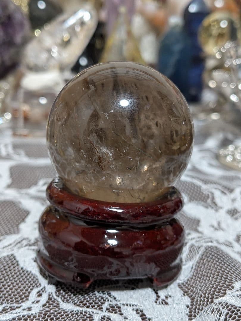 ハマノ☆スモーキークォーツ☆スフィア☆符文字入り☆希少☆台座つき☆