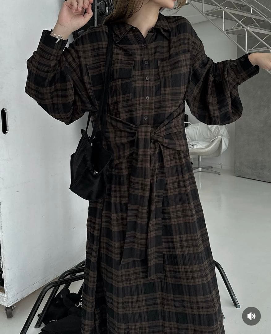 ワンピース sidedrawstringdoublecollarcheckshirtOP