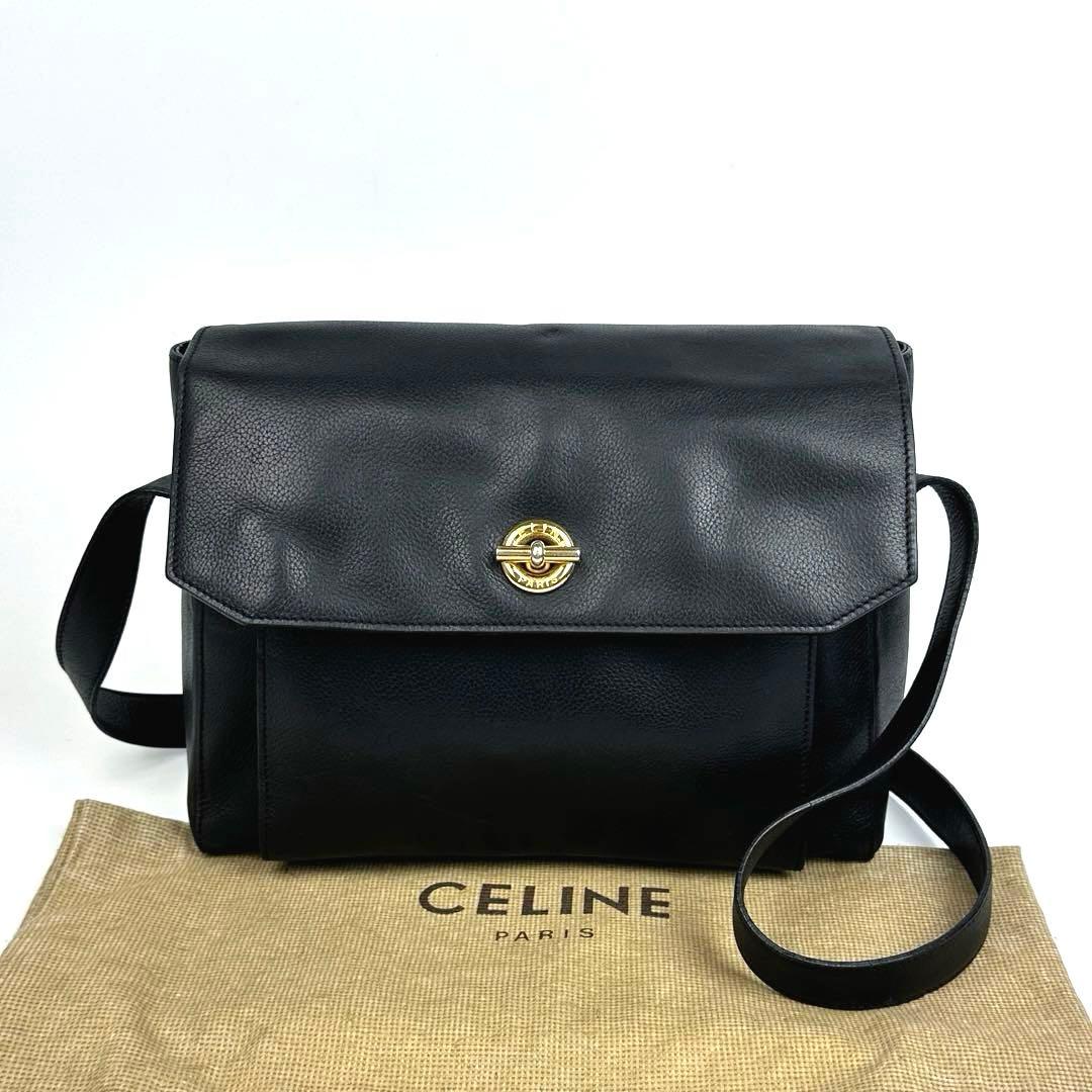 美品■セリーヌ ガンチーニ ショルダーバッグ サークルロゴ レザー ブラック系