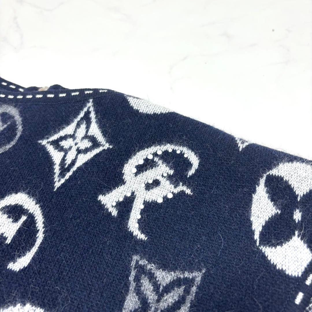 【大きいサイズ カシミヤ混】伊太利屋 モノグラム チュニック ラインストーン 紺