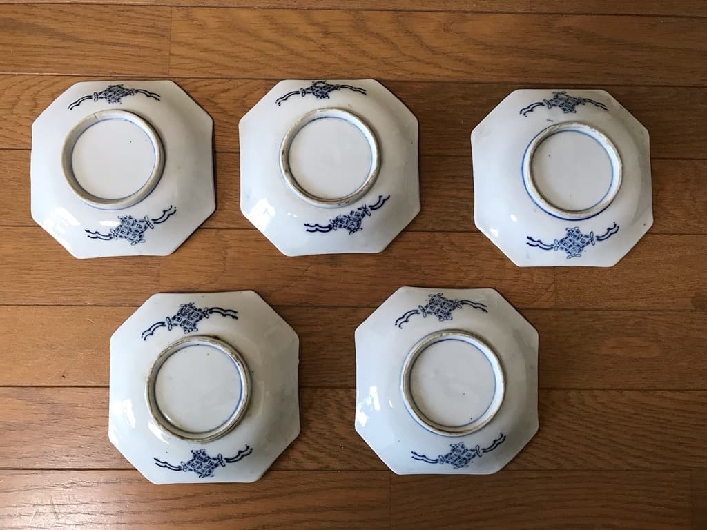 【アンティーク・江戸末期〜明治】古伊万里 染付 八角皿 14cm 5枚 小皿取皿