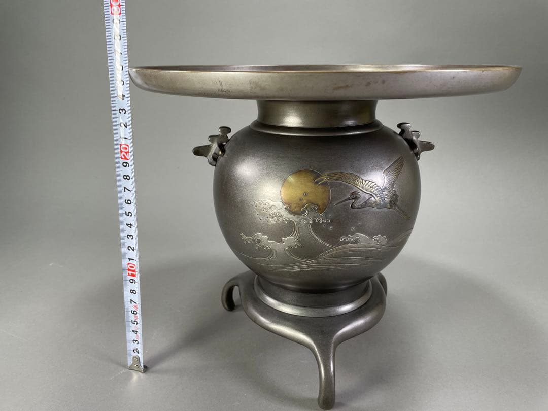 いけばな　池坊　古流　銅薄端　波鶴耳付　華道　銅器　花瓶