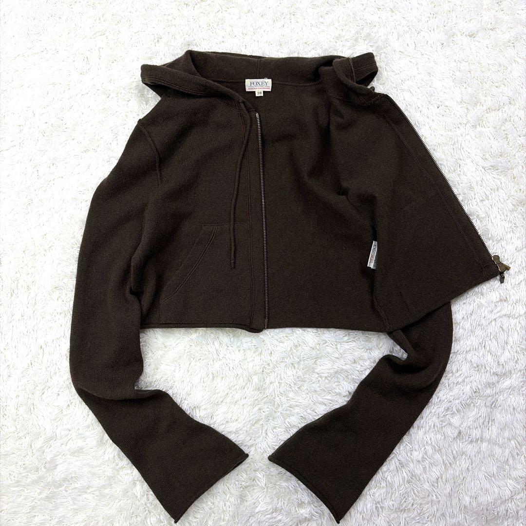 極美品 FOXEY カシミヤ ダブルジップパーカー ショート丈 ニット ブラウン
