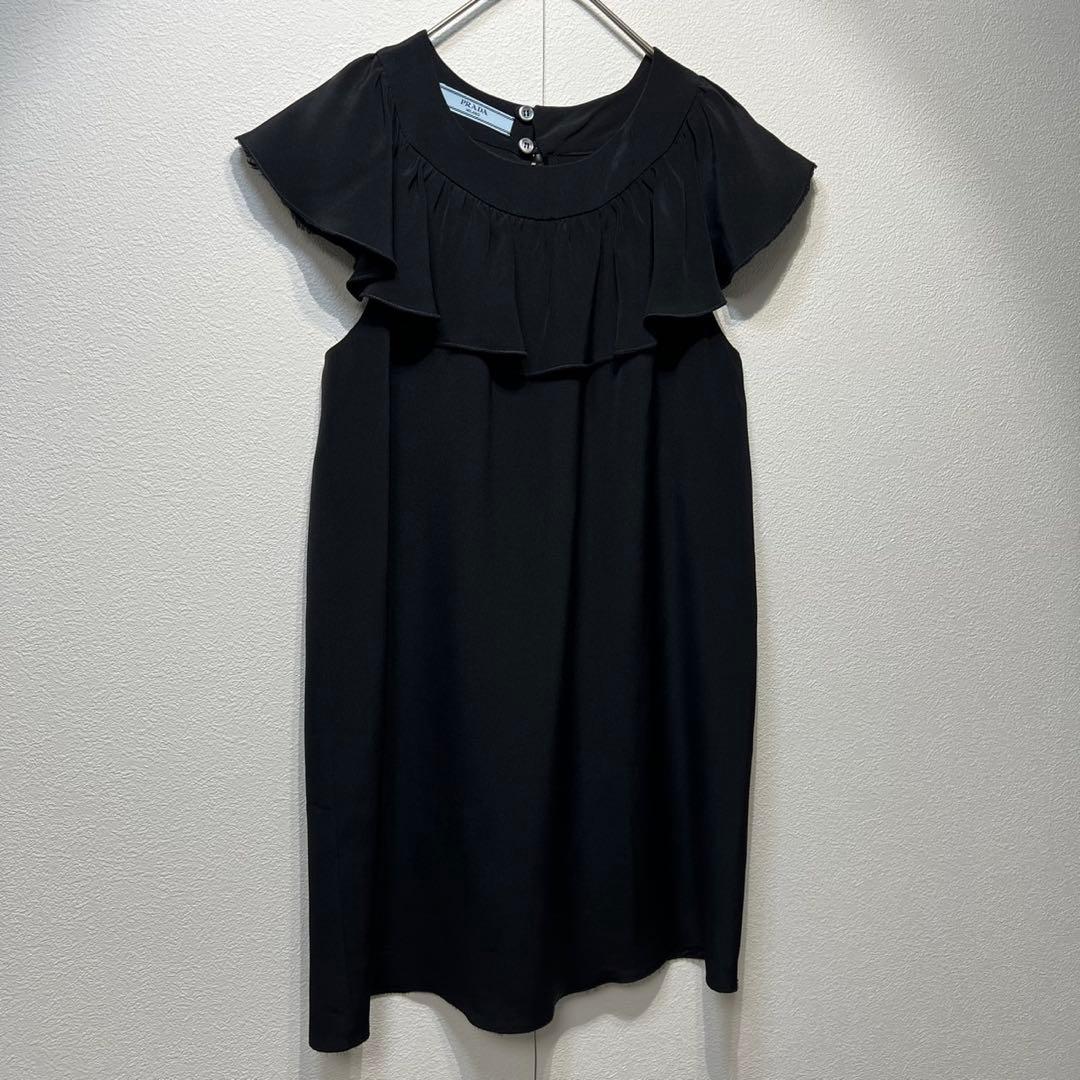 希少 美品 プラダ シルク フリル ノースリーブデザイン チュニック ワンピース