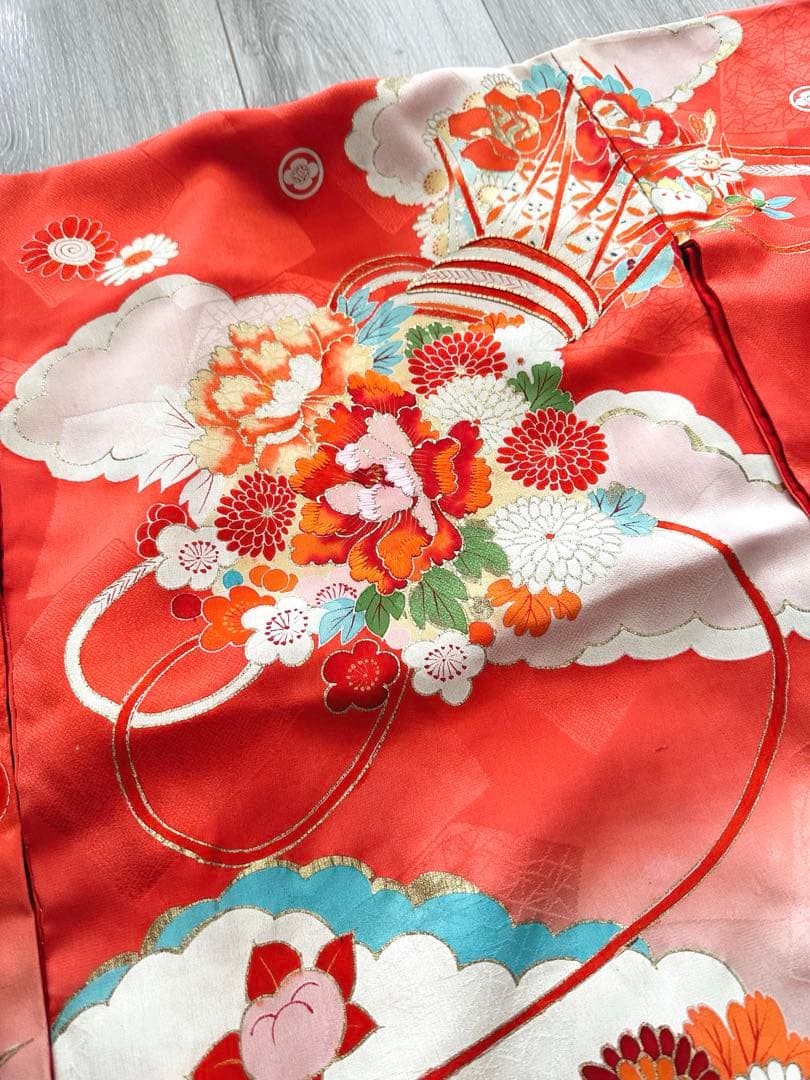 アンティーク 女児 お宮参り 祝い着 赤ピンクぼかし 金彩 金駒刺繍 長襦袢付き