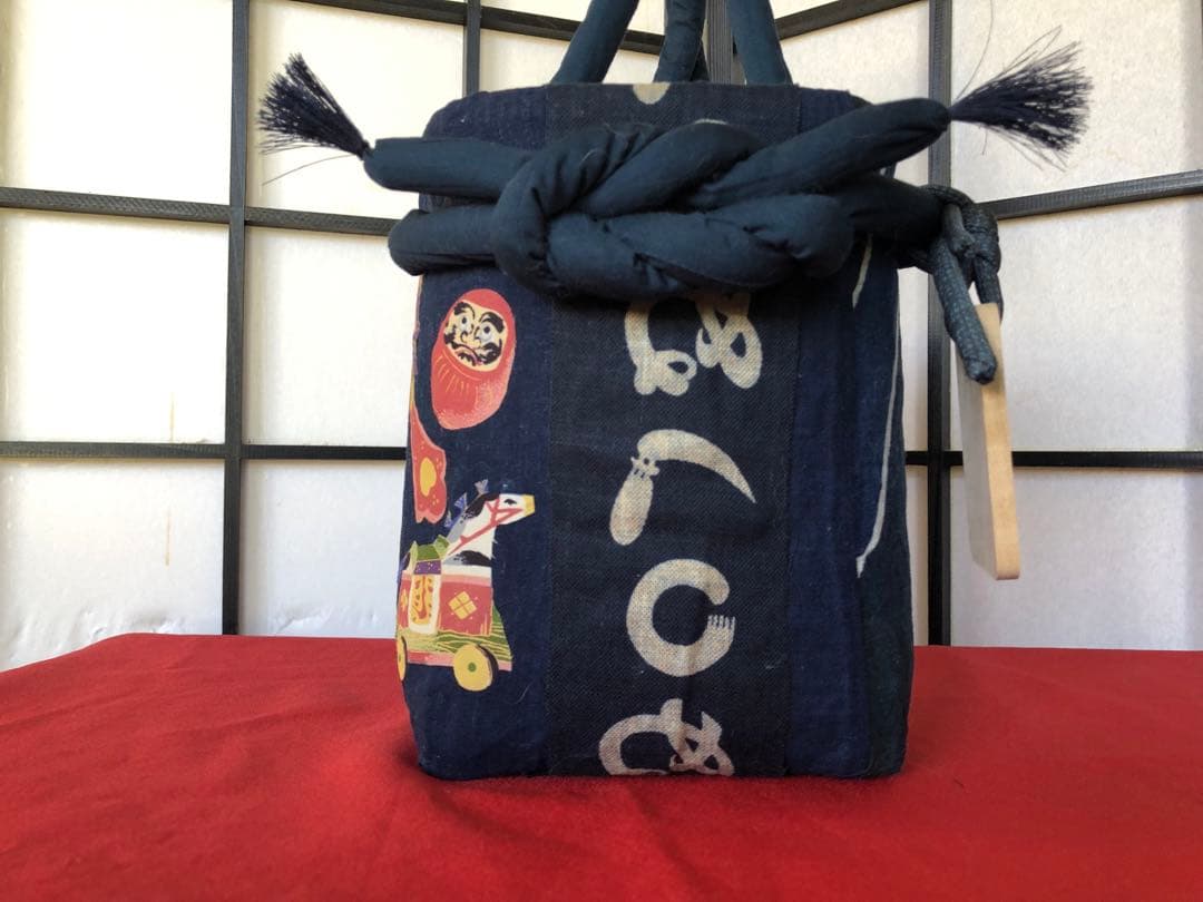 一閑張り　一閑張りバック　　　　藍染 筒がき　正絹古布　犬張子　狛犬