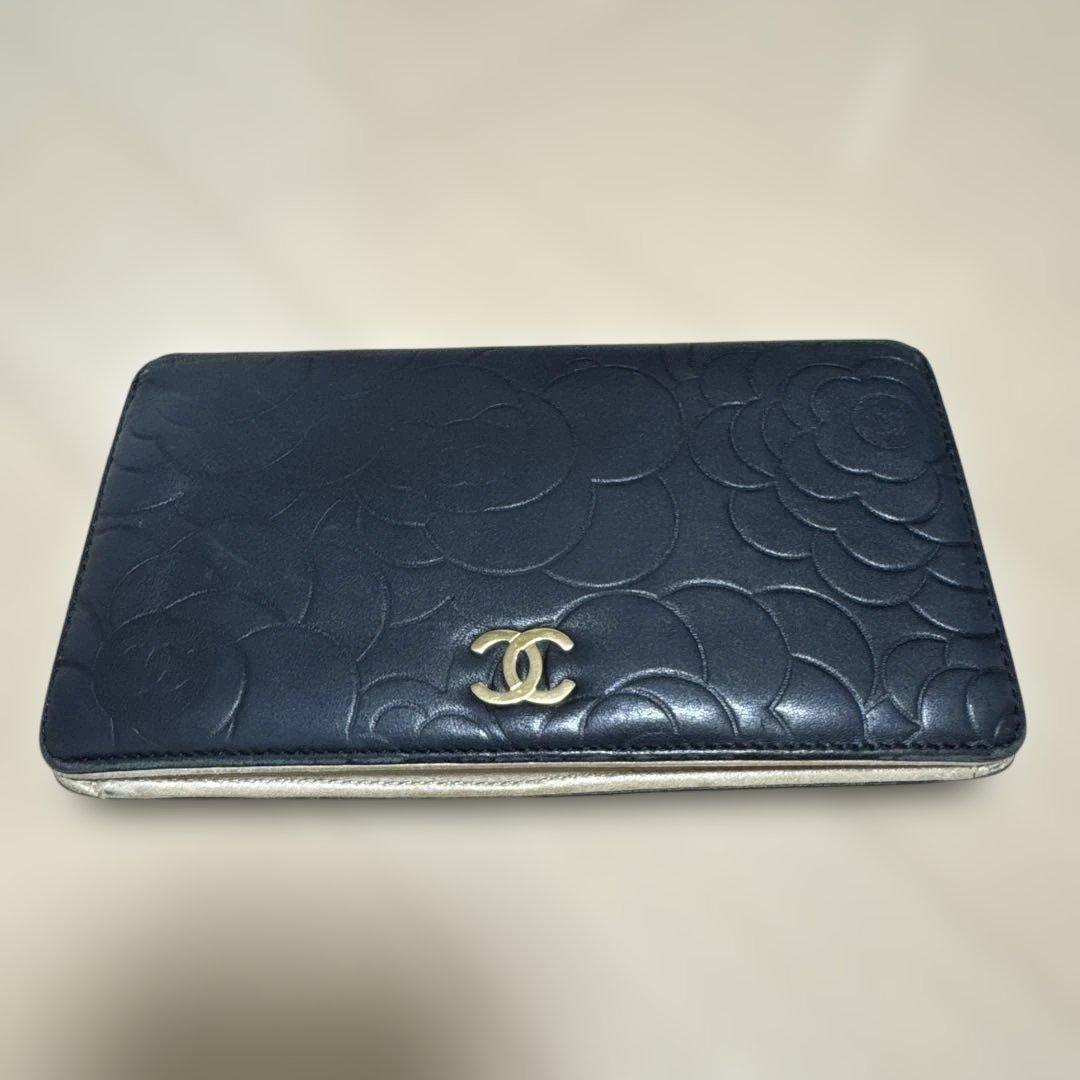CHANEL　シャネル　カメリア　レザー　長財布　ブラック　黒　シール有り