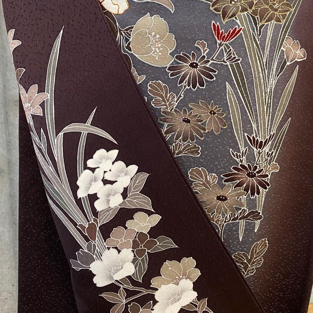 正絹　訪問着　ガード　背中に柄あり　金駒　くすみ紫系　袷