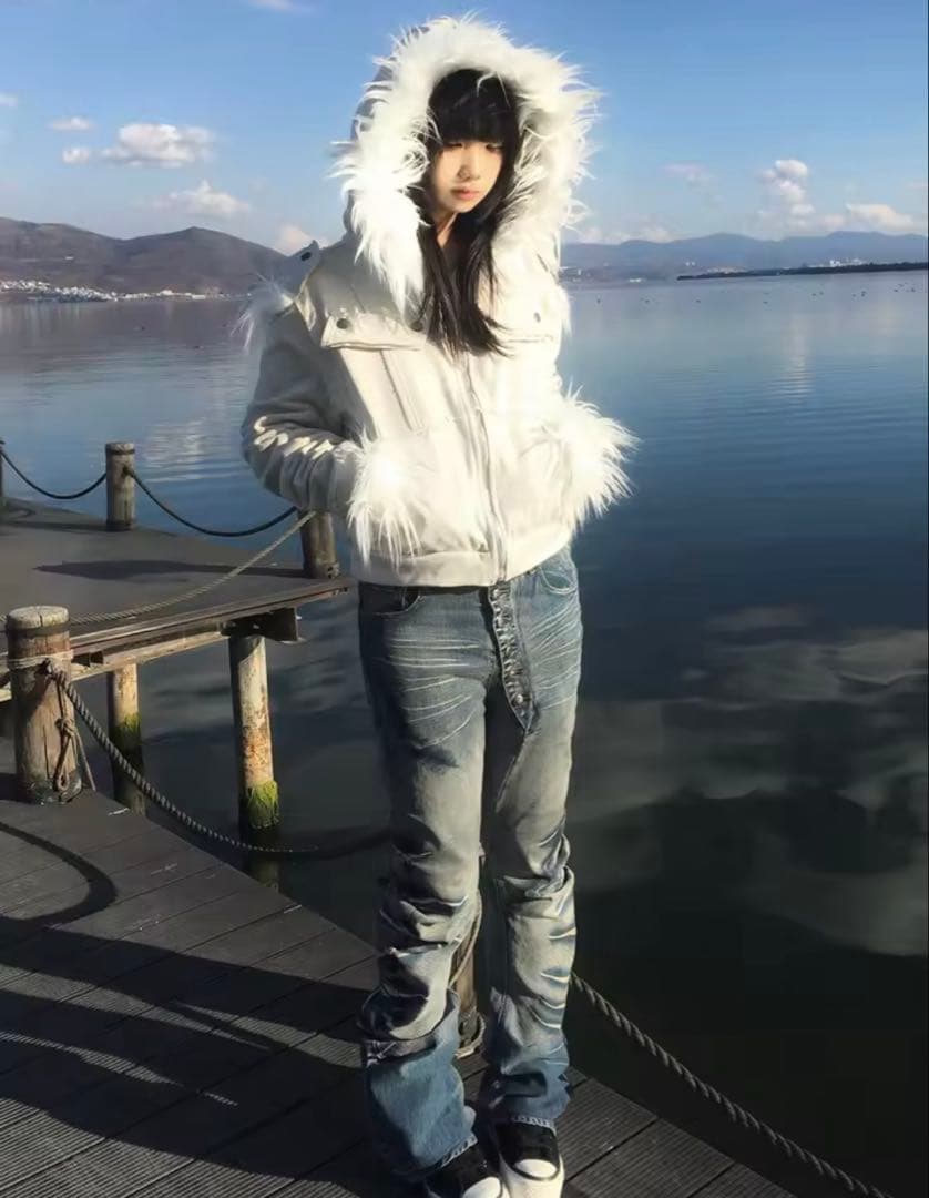 ファー パーカー 白 HIPHOP Y2K ミリタリー 短丈drip ギャル