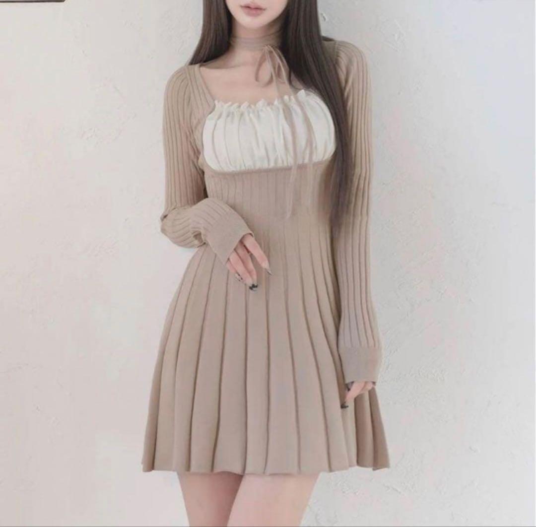 【ダーリッチ】ネックリボンデザインフレアニットミニワンピース　Free