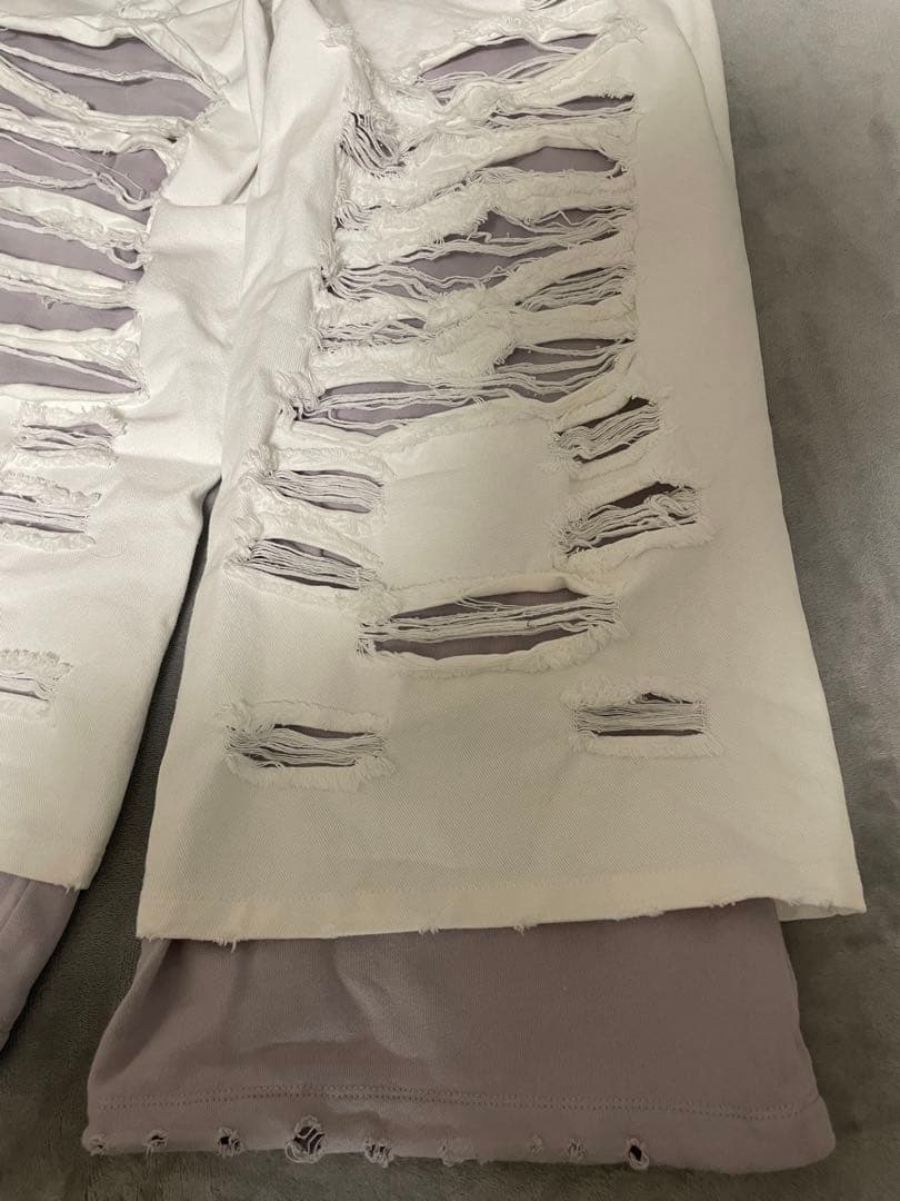 GRANCYスウェットドッキングデザインダメージバギーデニムパンツ ホワイト