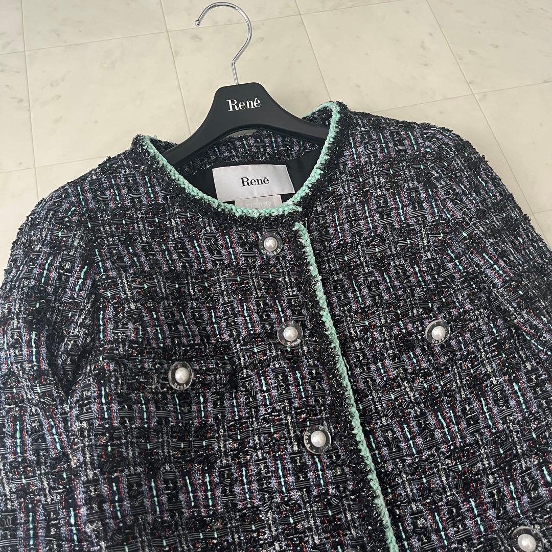 近年♡ルネ TISSUE製 ノーカラー ツイード ジャケット パール ラメ 34