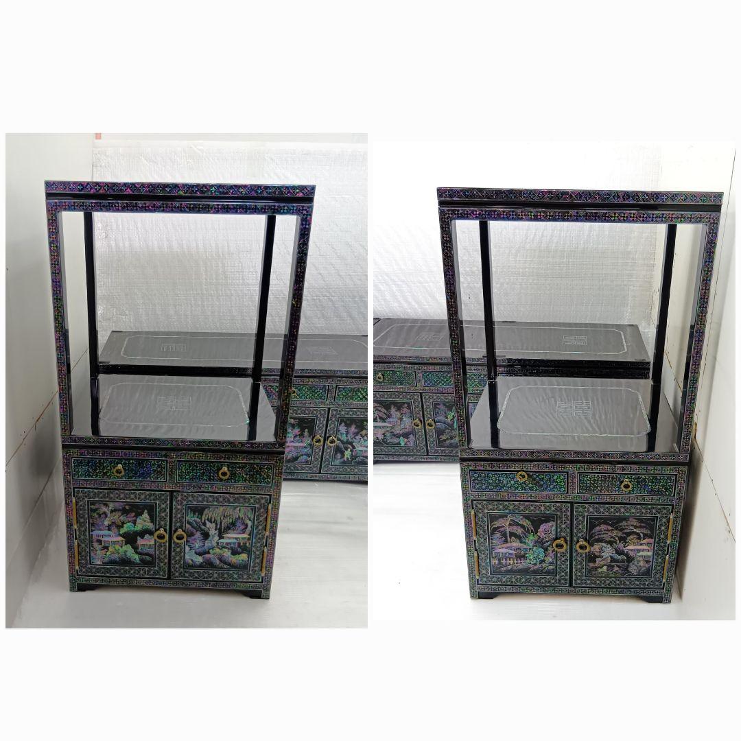 韓国民芸家具 高級 螺鈿細工 黒漆塗り 豪華収 サイドボード+飾り棚 4点セット