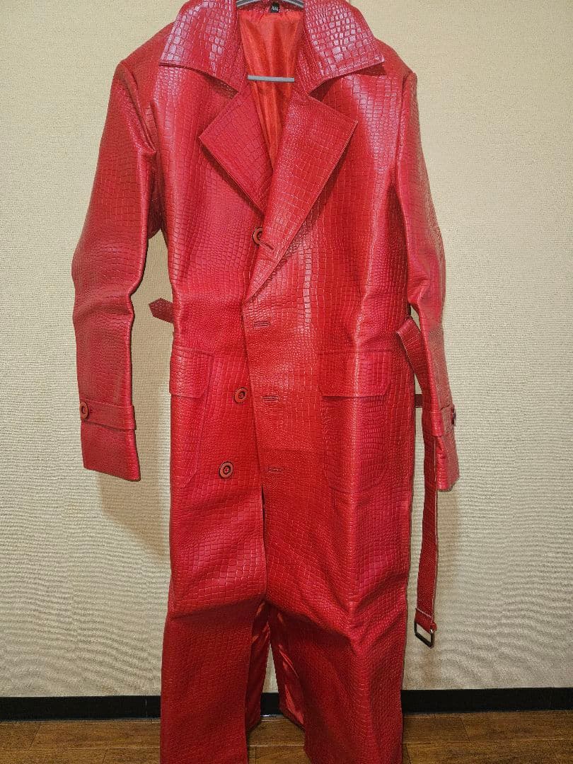 値下げ致します。メンズ赤レザークロコダイル型押しロングチェスターコートXXL