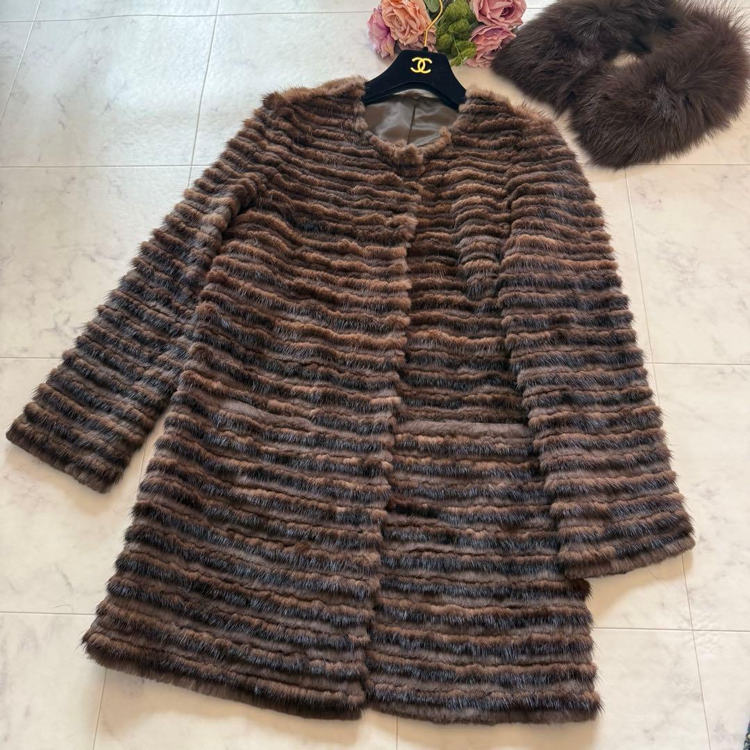 近年モデル 総丈84 ミンク/フォックス 2wayファーコート 毛皮 横段 軽量