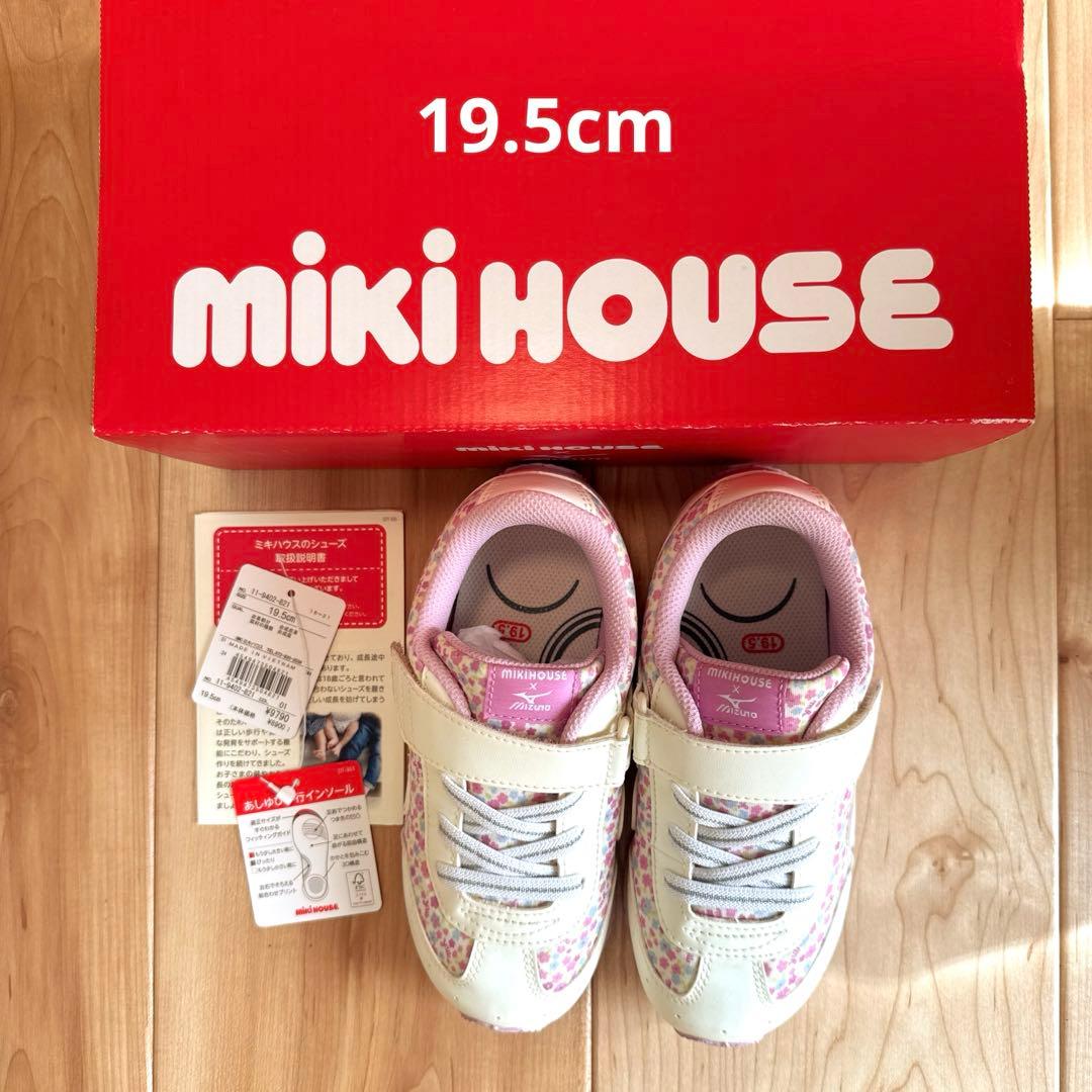 19.5cm Mizuno ミキハウス　コラボ　花柄スニーカー ホワイト/ピンク