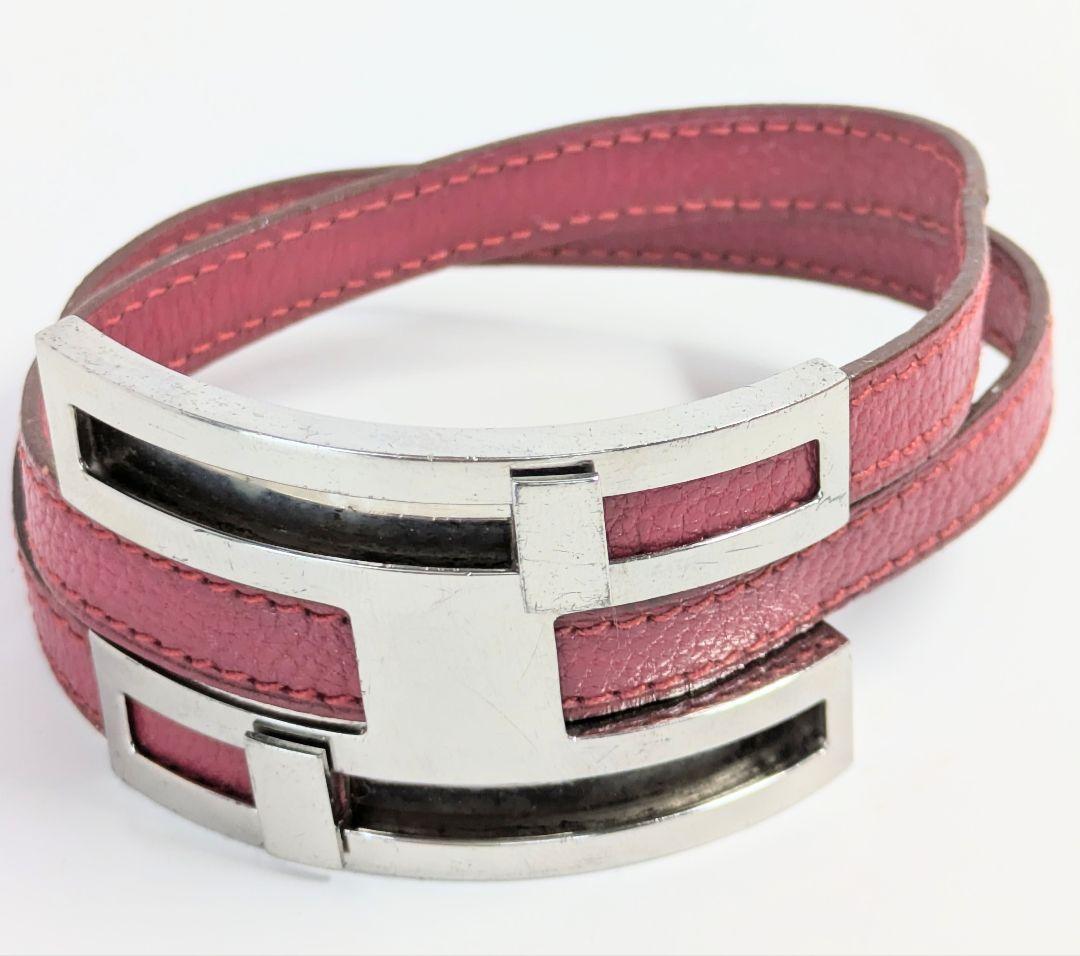 HERMÈS エルメス　プスプス2連Ｈロゴ　ピンク レザー バングル