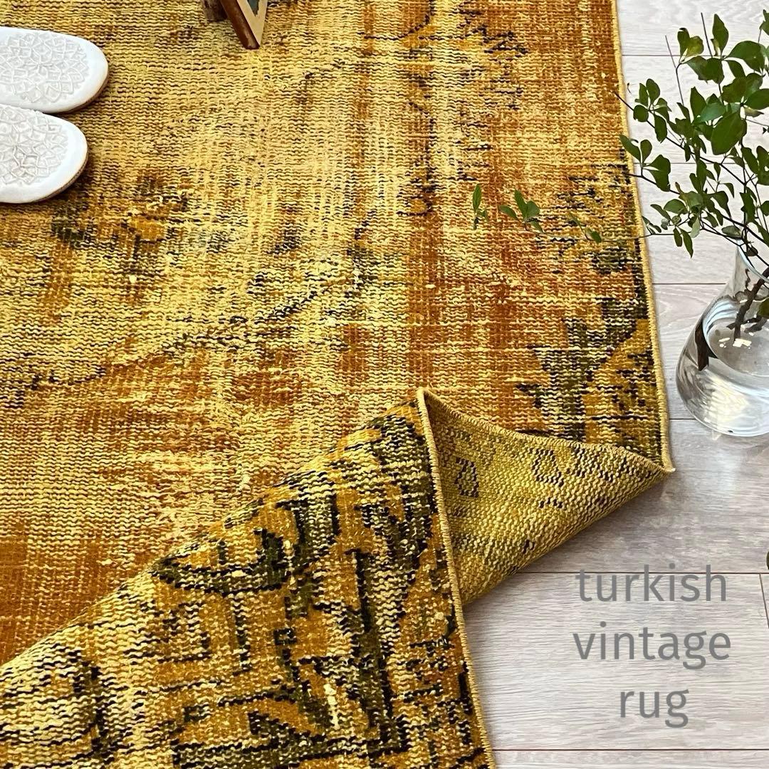 超ロング/オーバーダイ　幸福イエロー　グリーン　ランナー　トルコヴィンテージラグ