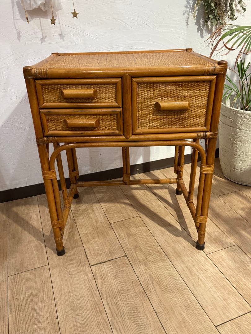 ラタン製　ドレッサー　机　椅子セット　昭和レトロ　ビンテージ