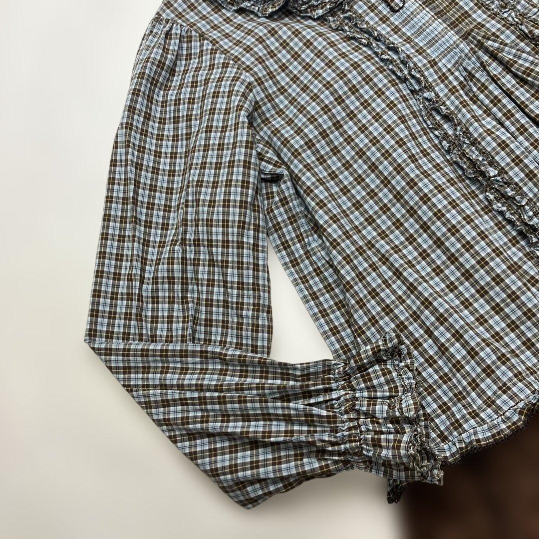 【試着のみ】ピンクハウス 水色系チェック いちごレース チュニックブラウス