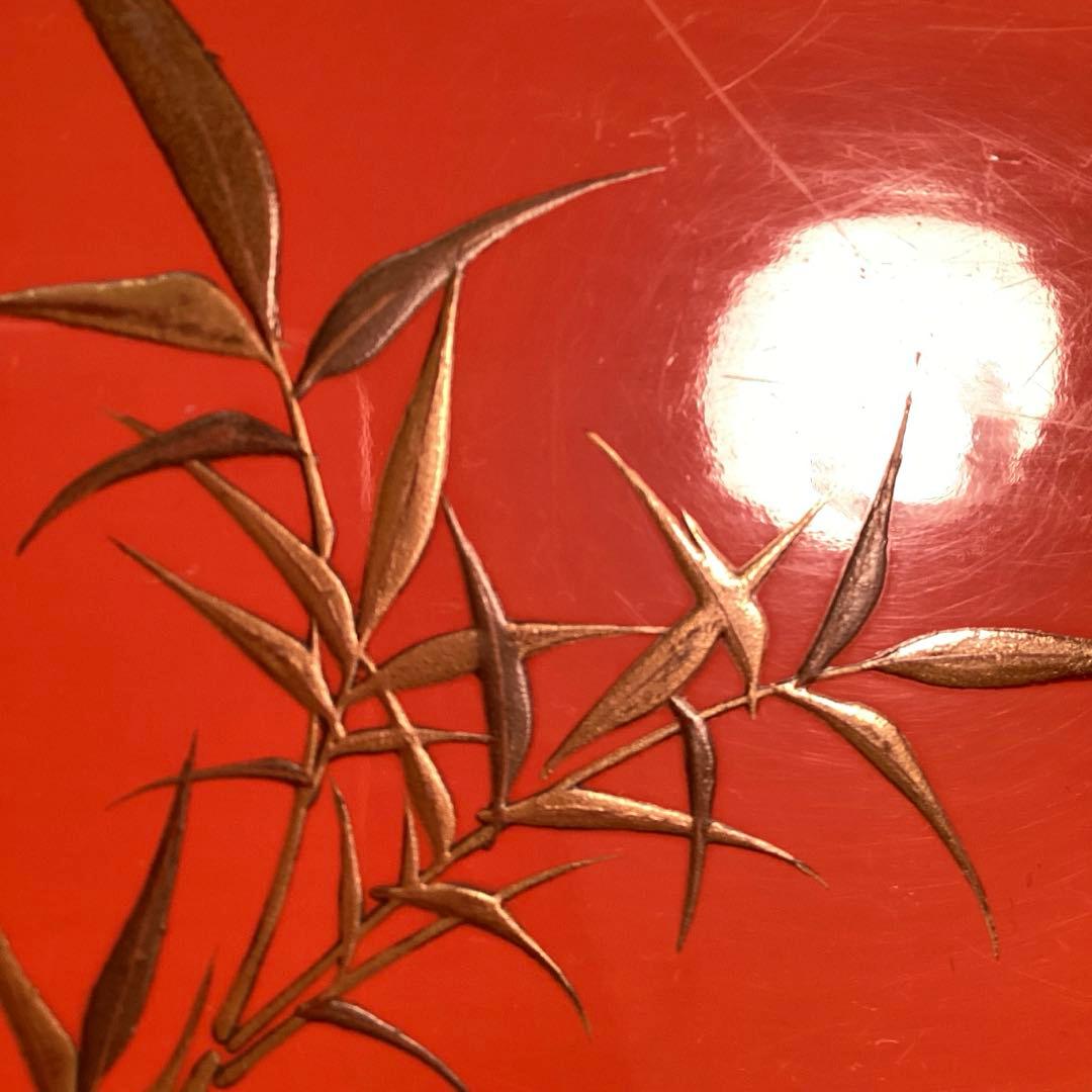 A3014 木製盆　根來　皆朱　隅切　四君子蒔絵　盆　１枚エガ❣️