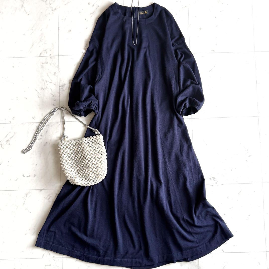 美品 ドゥロワー ウールシルク ニット ロング丈 ワンピース◆ネイビー